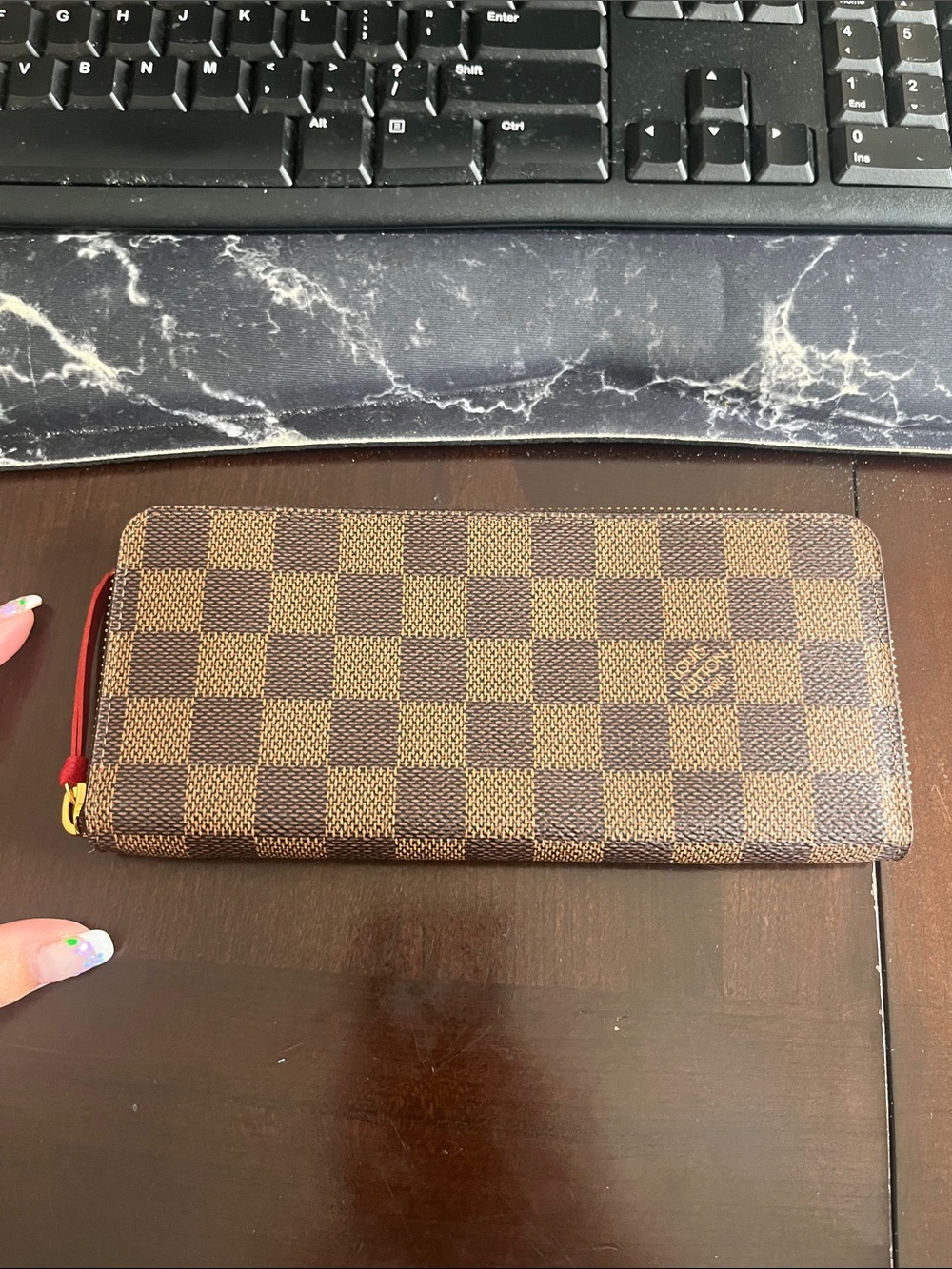 Louis Vuitton Damier Ebene Zip-Around Wallet with Red Trim